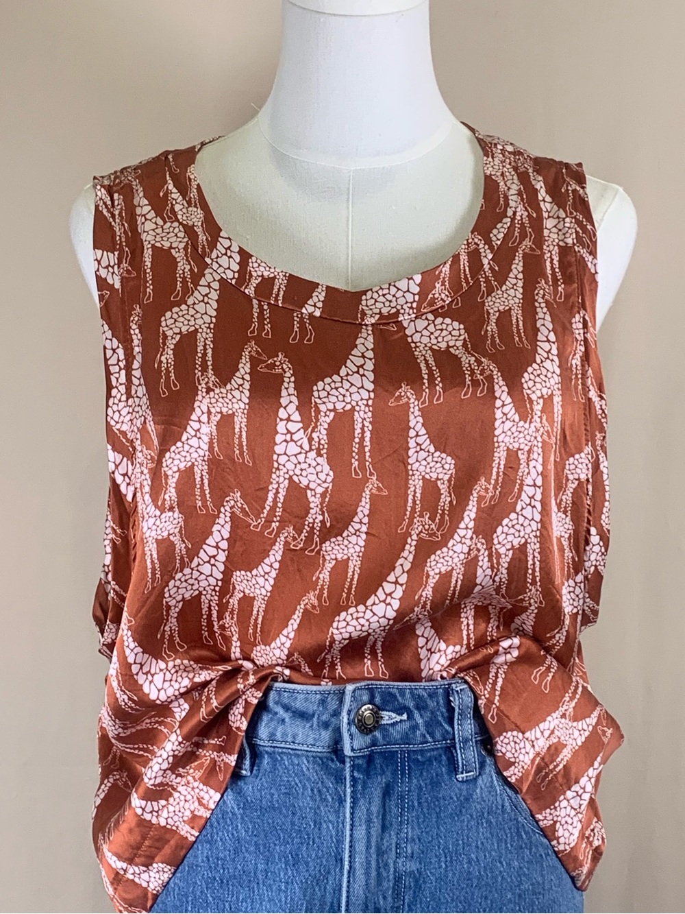 Vintage Free People 100% Silk Giraffe Print Tank Top Rust Brown Medium